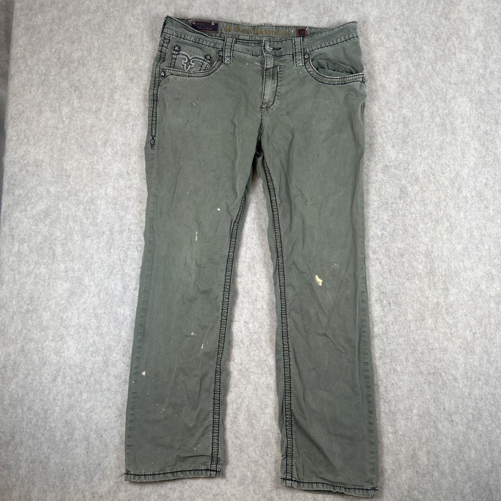 Rock Revival Men's Straight Leg Olive Green Pants Size 36 Cotton Stretch READ